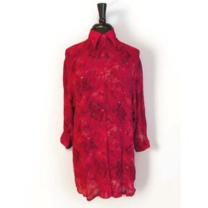 Gottex Vintage Women's Flowy, Shirt Style, Long Wide Sleeve Semi Sheer Red Gold